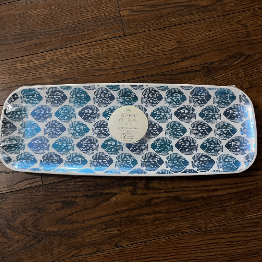 Sigrid Olsen Home 3 Pc Coastal Fish Metallic Rectangle Platters 17.5" Aqua NEW